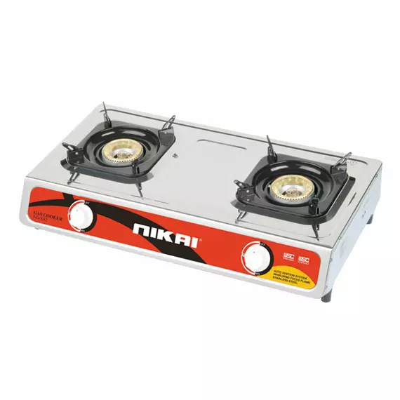 Nikai Gas Cooker 2 Burner Double Gas Burner with Auto Ignition System, Blue Flame with High Efficiency, Stainless Steel Body, Full Safety Features NG842