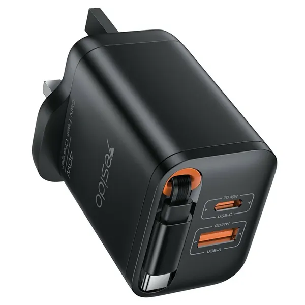 YESIDO YC145 40W GaN Fast Charger UK Plug, Retractable Type-C Cable