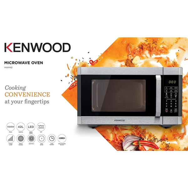 Kenwood 42L Microwave Oven with Grill, Digital Display, 5 Power Levels, Defrost Function, Stainless Steel, Auto Menu, 99 Minutes Timer, Clock Function 1100W MWM42.000BK