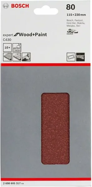 Bosch Sanding Sheets for Orbital Sanders 115 x 230 mm (Pack of 10Pcs) 2608605317