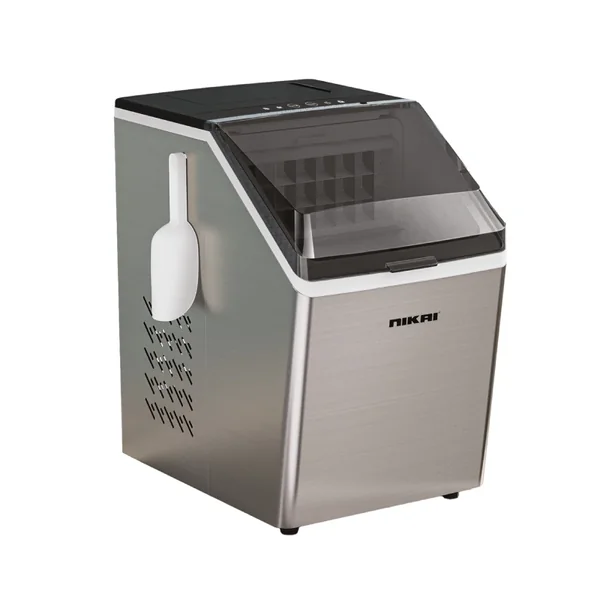 Nikai Ice Maker 3.2L Tank 24 Ice Cubes Per Cycle 1.3Kg Ice Bin Storage 130W NIM3412A Stainless Steel Housing With Semi Transparent Lid Large Viewing Window Led Display Showing Timer