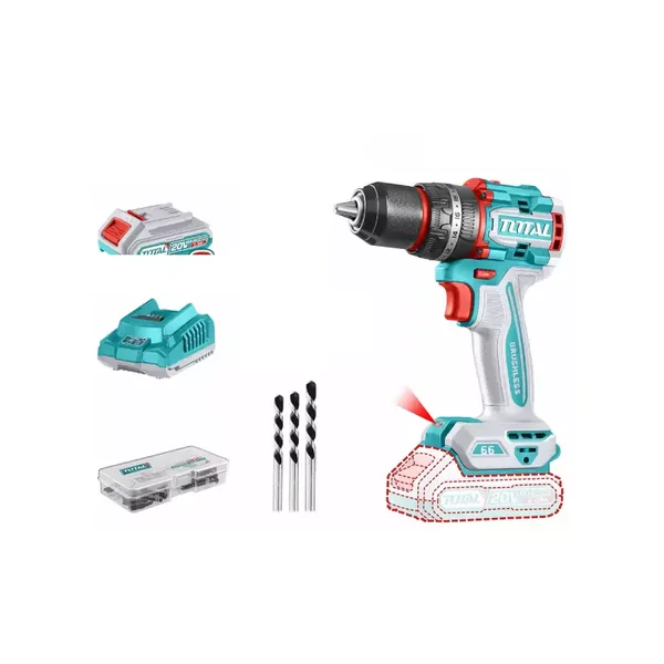 Total Cordless Impact Drill 66Nm Lithium-ion 20V with Brushless Motor, 47pcs Accessories, 3pcs Masonry Drill Bits, 2pcs 2.0Ah Battery, 1pc Charger TIDLI20668