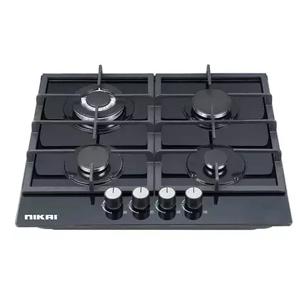Nikai Gas Built In Hob Cast Iron Pan Support 4 Gas Burner with FFD Projector and Auto Ignition 58x50x12cm 8MM Tempered  Glass NGH44G