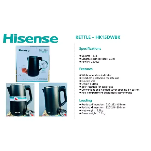 HISENSE Overheat Protection, Anti Drip Lid-Black 1.5 Litres HK15DWBK