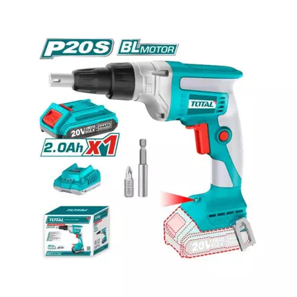 Total Drywall Screwdriver Cordless, Lithium-ion 20V with 2.0Ah Battery, Charger, Screwdriver Bit & Bit Holder  TDSLI204200