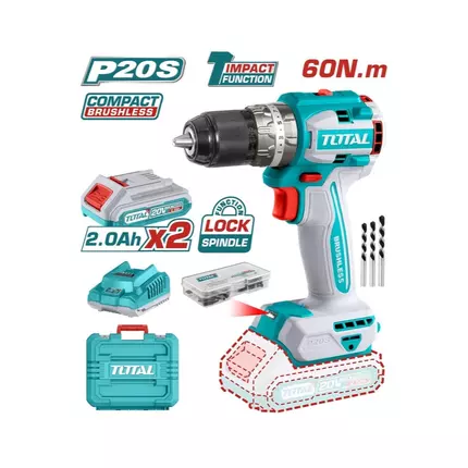 Total Compact Brushless Impact Drill, Cordless Lithium-ion 20V TIDLI20602