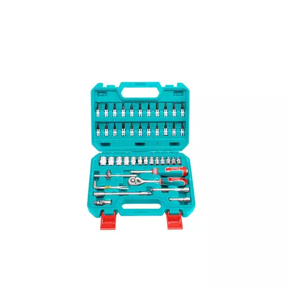 Total Socket Set 1/4" with Three Colour Soft Handle, Chromed Plated, Heat Treated THT141462 (Pack of 46pcs)