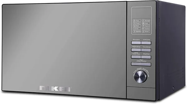 Nikai 25L Microwave Oven with Grill Function, 900W Power Digital Control, Mirror Finish, 5 Power Levels, 10 Auto Menus, Defrost Setting, Cooking End Signal, Push Button Door, Child Lock - NMO250MDG