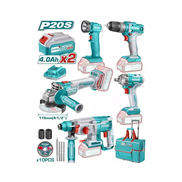 Total 5pcs Industrial Combo Kit, Cordless Lithium-ion 20V TCKLI2019