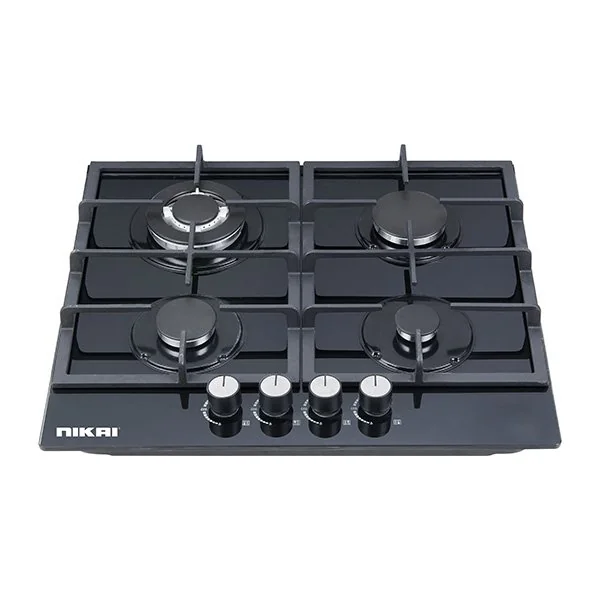 Nikai Gas Cooker 4 Burner Glass 8mm Tempered Built in Hob 580x500x120mm NGH44G Auto Ignition System Cast Iron Pan Supports Triple Ring Wok Burner‎