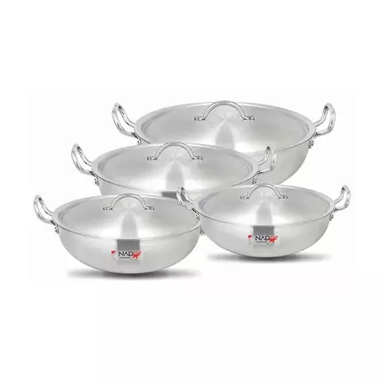 Nadstar8 Wok Karai Set 4Pcs Set With Lid & Handle Metal Finish Wok 1L, 2L, 3.2L, 4.5L MF1X4