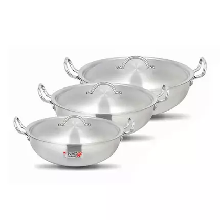 Nadstar8 Wok Karai Set 3Pcs Set With Lid & Handle Metal Finish Wok Jumbo Round WJ31/36
