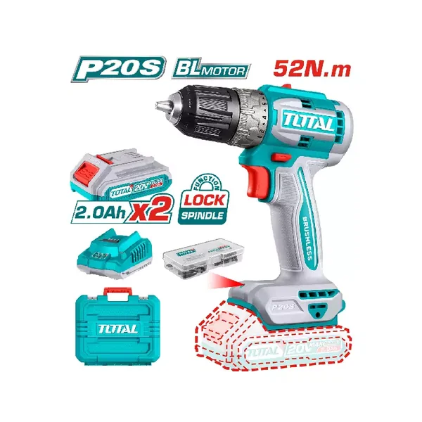Total Cordless Impact Drill 52Nm Lithium-ion 20V with Brushless Motor, 47pcs Accessories, 2pcs 2.0Ah Battery, 1pc Charger TDLI20453